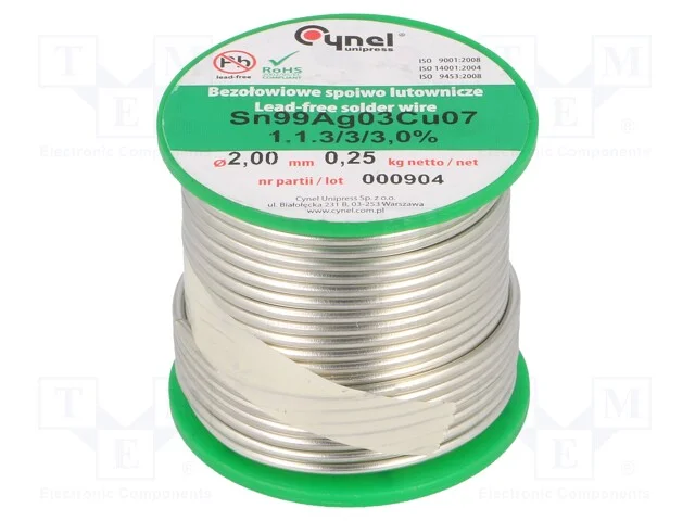 Arame de solda, Sn99Ag0,3Cu0,7, 2mm, 250g, sem ch.