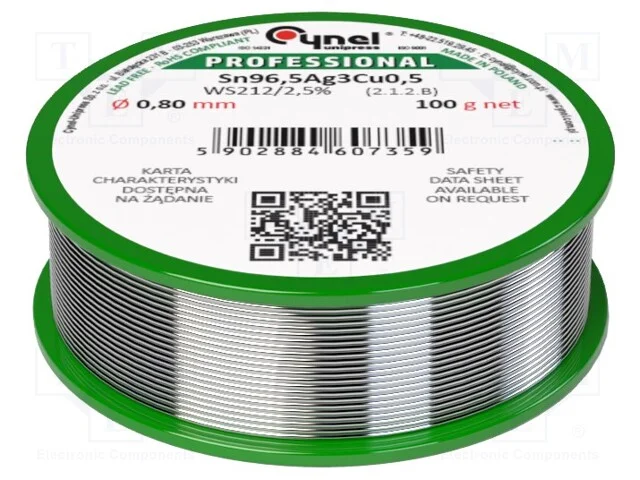 Arame de solda, Sn96,5Ag3Cu0,5, 0,8mm, 100g, sem .