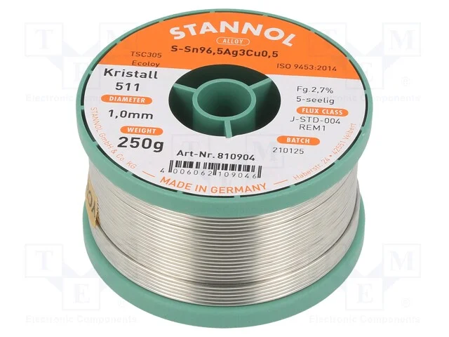 Arame de solda, Sn96,5Ag3Cu0,5, 1mm, 0,25kg, sem .