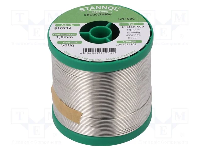 Arame de Solda, Sn99,3cu0,7+Nige, 1mm, 0,5kg, Sem Chumbo, Bobina