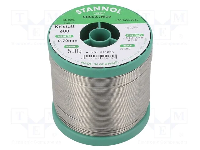 Arame de Solda, Sn99,3cu0,7+Nige, 0,7mm, 500g, Sem Chumbo, Bobina