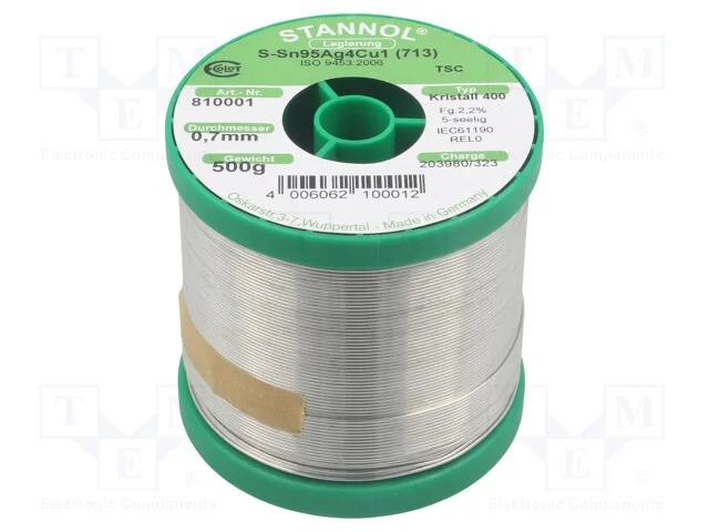 Arame de solda, Sn95,5Ag3,8Cu0,7, 700um, 0,5kg, s.