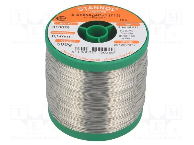 Arame de solda, Sn95,5Ag3,8Cu0,7, 500um, 0,5kg, s.