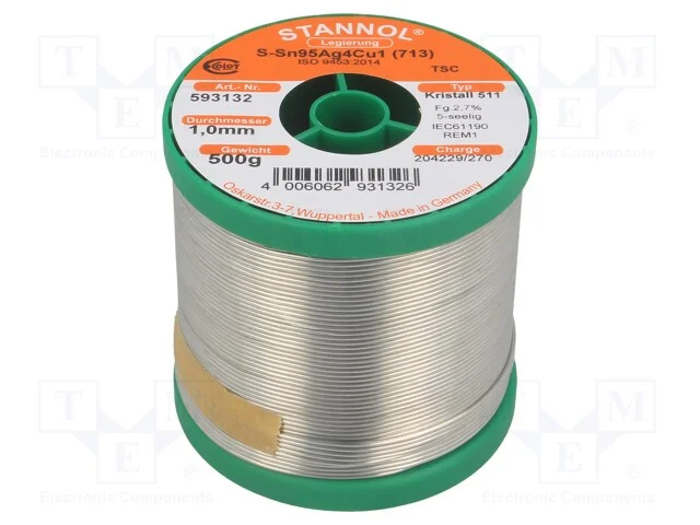 Arame de solda, Sn95,5Ag3,8Cu0,7, 1mm, 0,5kg, sem.