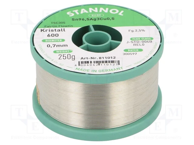 Arame de solda, Sn96,5Ag3Cu0,5, 0,7mm, 250g, sem .