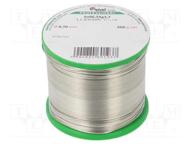 Arame de solda, Sn96,3Ag3,7, 0,7mm, 0,5kg, sem ch.