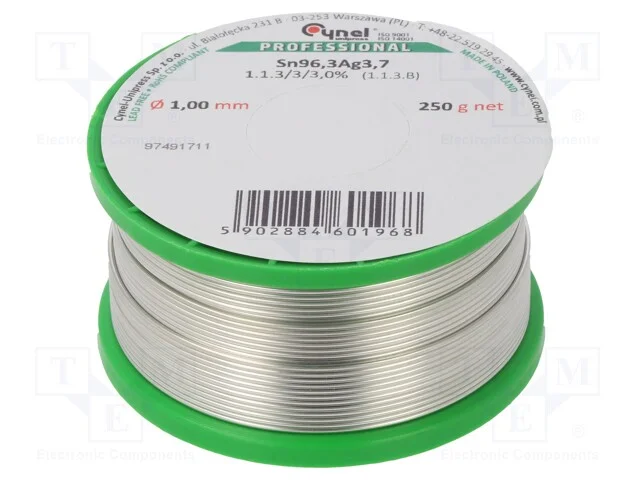Arame de solda, Sn96,3Ag3,7, 1mm, 0,25kg, sem chu.