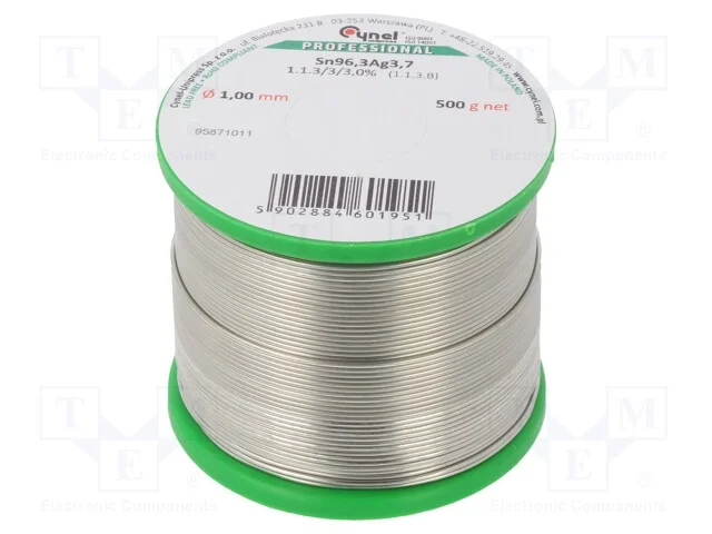 Arame de solda, Sn96,3Ag3,7, 1mm, 0,5kg, sem chum.