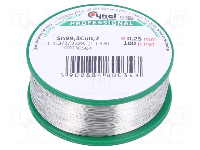 Arame de solda, Sn99,3Cu0,7, 0,25mm, 100g, sem ch.
