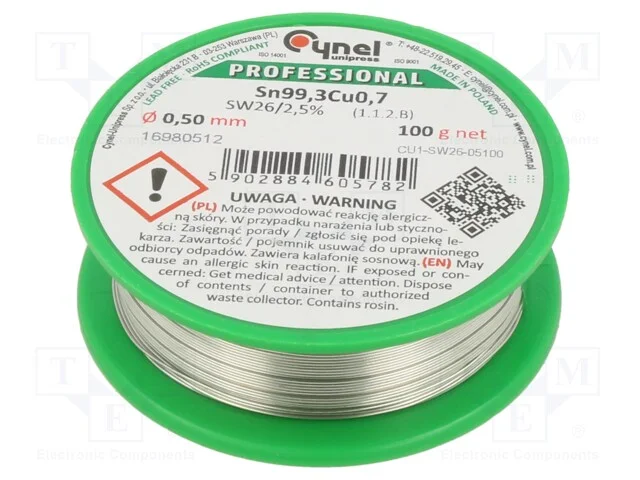 Arame de solda, Sn99,3Cu0,7, 0,5mm, 100g, sem chu.