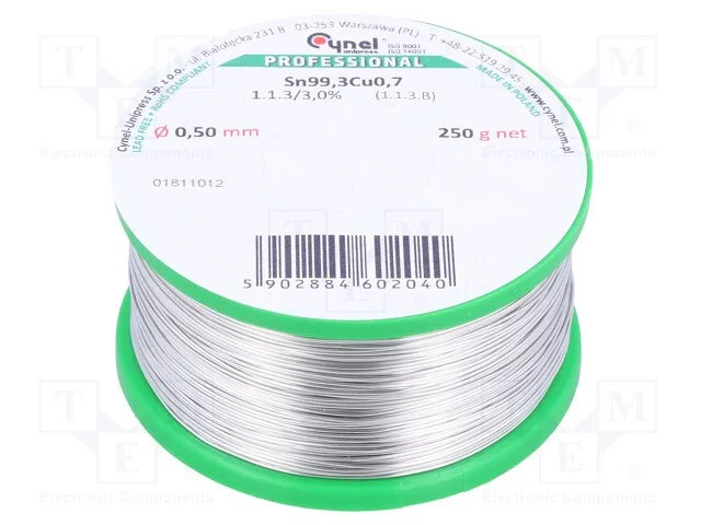 Arame de solda, Sn99,3Cu0,7, 0,5mm, 250g, sem chu.