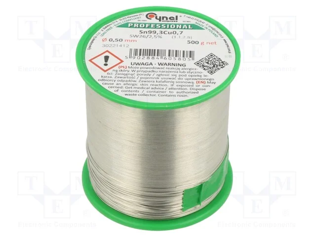Arame de solda, Sn99,3Cu0,7, 0,5mm, 500g, sem chu.