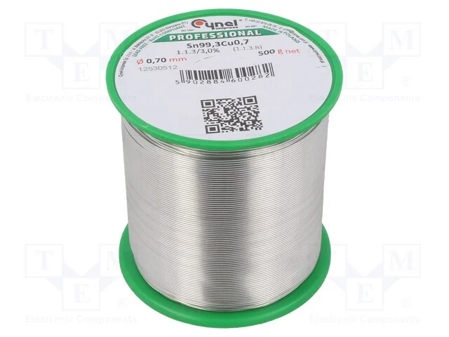 Arame de solda, Sn99,3Cu0,7, 0,7mm, 500g, sem chu.