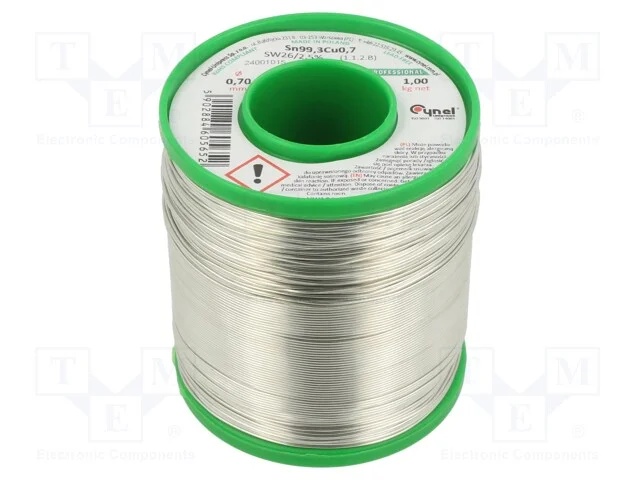 Arame de solda, Sn99,3Cu0,7, 0,7mm, 1000g, sem ch.
