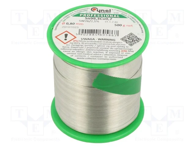Arame de solda, Sn99,3Cu0,7, 0,8mm, 500g, sem chu.