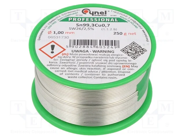 Arame de solda, Sn99,3Cu0,7, 1mm, 250g, sem chumb.