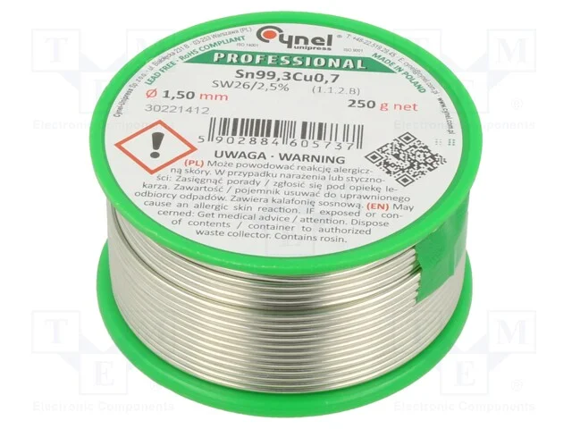 Arame de solda, Sn99,3Cu0,7, 1,5mm, 250g, sem chu.