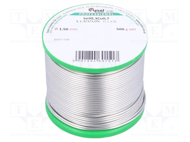 Arame de Solda, Sn99,3cu0,7, 1,5mm, 500g, Sem Chumbo, Bobina, 3%