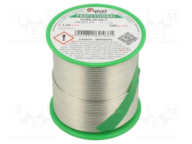 Arame de solda, Sn99,3Cu0,7, 1,5mm, 500g, sem chu.