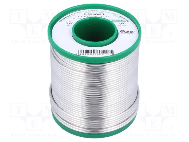 Arame de solda, Sn99,3Cu0,7, 2mm, 1000g, sem chum.