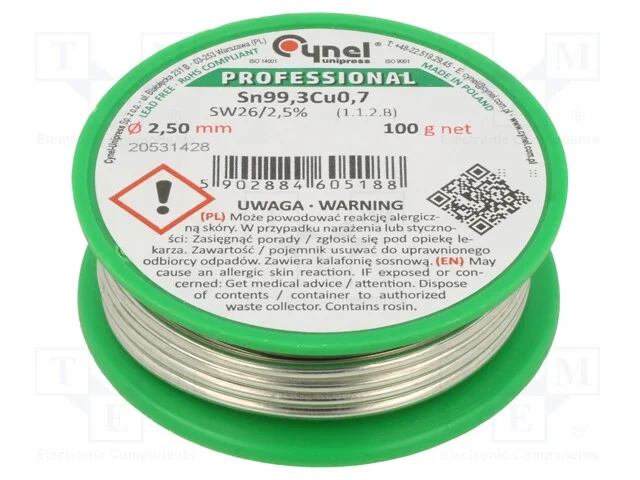 Arame de Solda, Sn99,3cu0,7, 2,5mm, 100g, Sem Chumbo, Bobina, 2,5%
