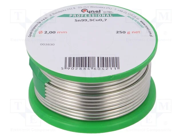 Sem n&uacute;cleo,arame de solda, Sn99,3Cu0,7, 2mm, 250g.