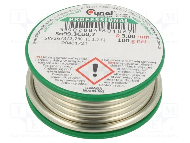 Arame de solda, Sn99,3Cu0,7, 3mm, 100g, sem chumb.