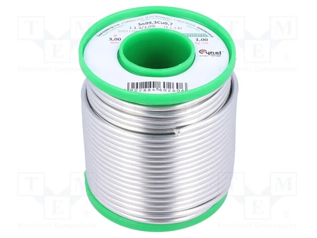 Arame de solda, Sn99,3Cu0,7, 3mm, 1000g, sem chum.