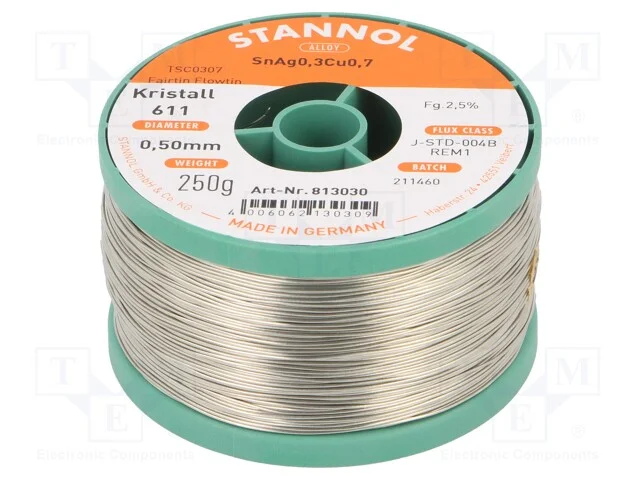 Arame de solda, Sn99Cu0,7Ag0,3, 0,5mm, 250g, sem .