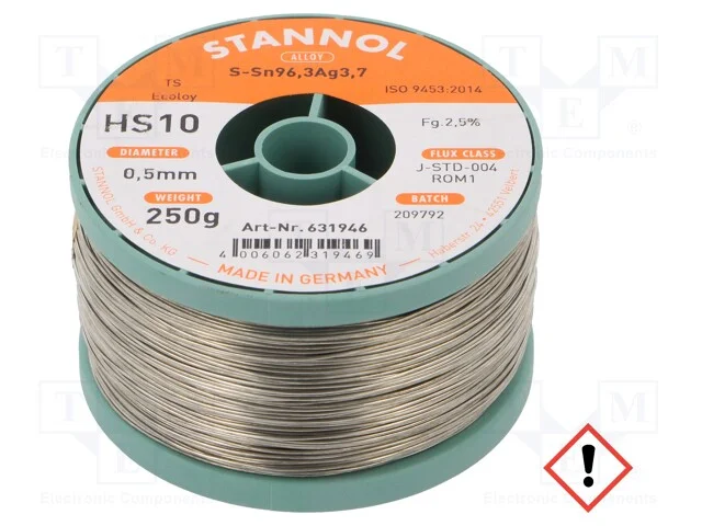 Arame de solda, Sn96,3Ag3,7, 0,5mm, 0,25kg, sem c.
