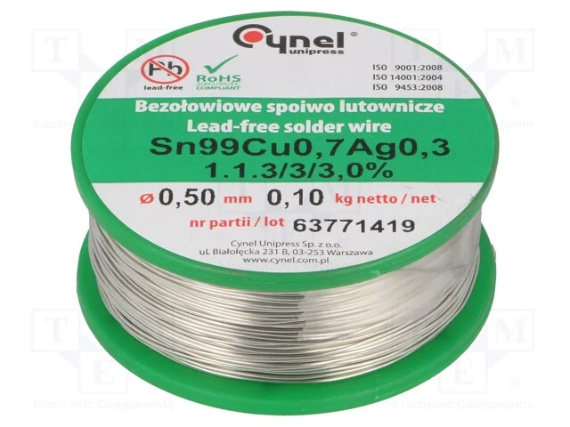Arame de solda, Sn99Ag0,3Cu0,7, 500um, 100g, sem .