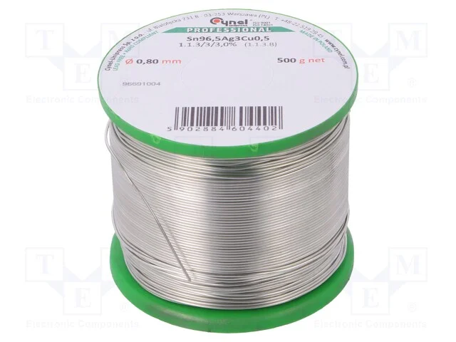 Arame de solda, Sn96,5Ag3Cu0,5, 0,8mm, 500g, sem .