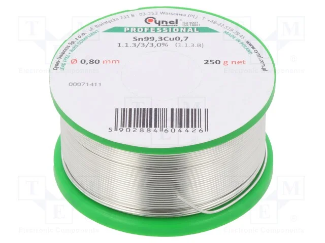 Arame de solda, Sn99,3Cu0,7, 0,8mm, 250g, sem chu.