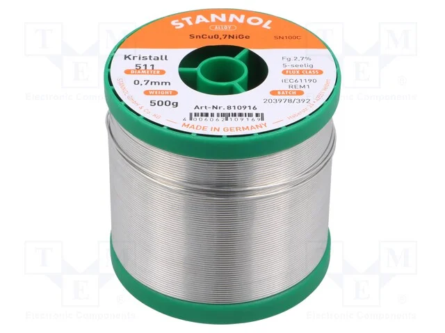 Arame de solda, Sn99,3Cu0,7+NiGe, 0,7mm, 0,5kg, s.