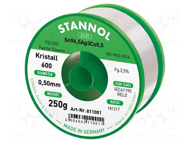 Arame de solda, Sn96,5Ag3Cu0,5, 0,5mm, 250g, sem .