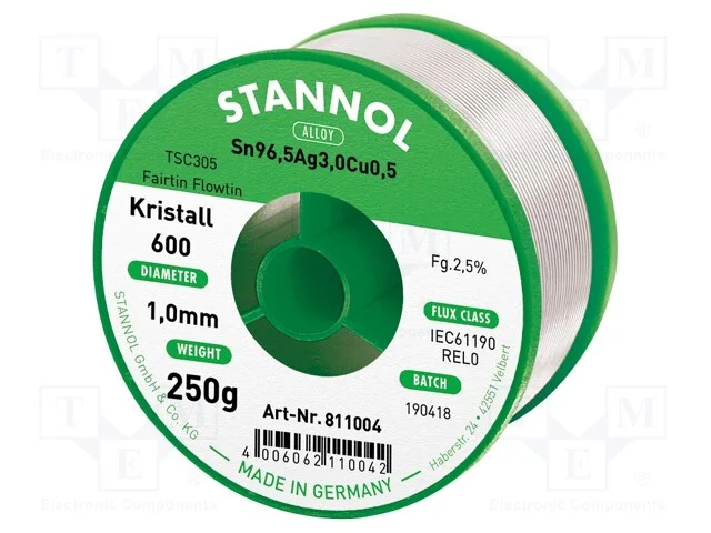 Arame de solda, Sn96,5Ag3Cu0,5, 1mm, 250g, sem ch.