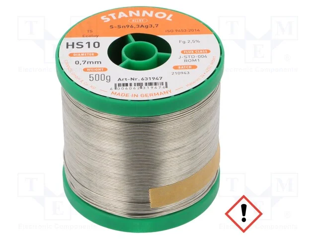 Arame de solda, Sn96,3Ag3,7, 0,7mm, 0,5kg, sem ch.