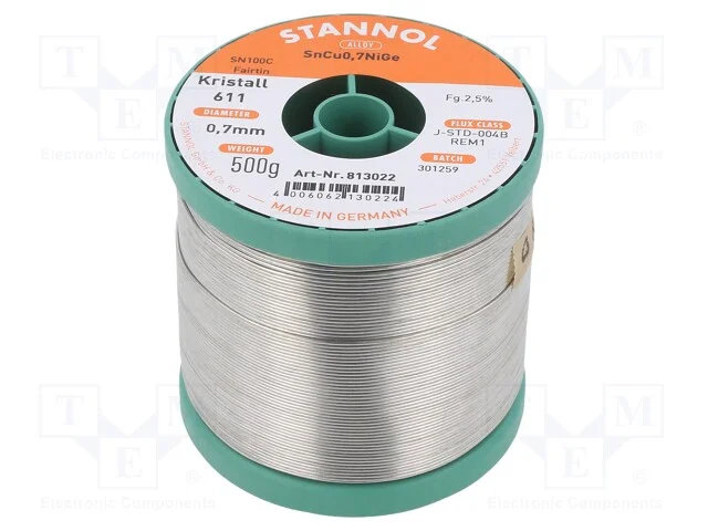 Arame de solda, Sn99,3Cu0,7+NiGe, 0,7mm, 500g, se.