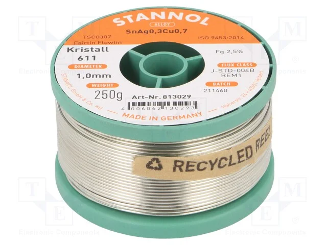 Arame de solda, Sn99Cu0,7Ag0,3, 1mm, 250g, sem ch.