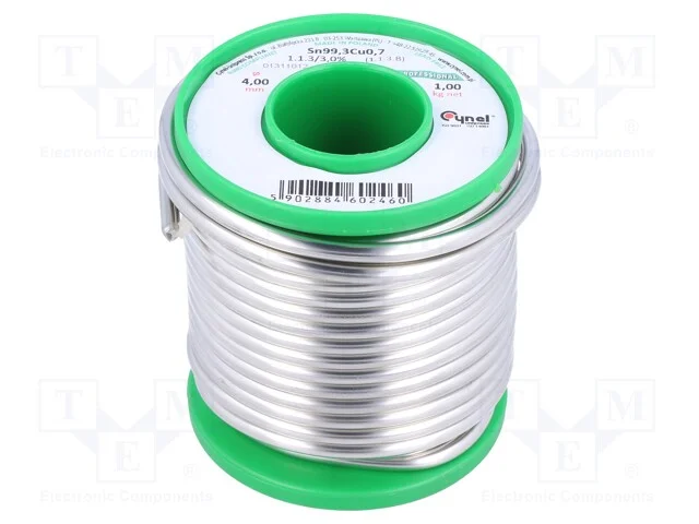 Arame de solda, Sn99,3Cu0,7, 4mm, 1000g, sem chum.