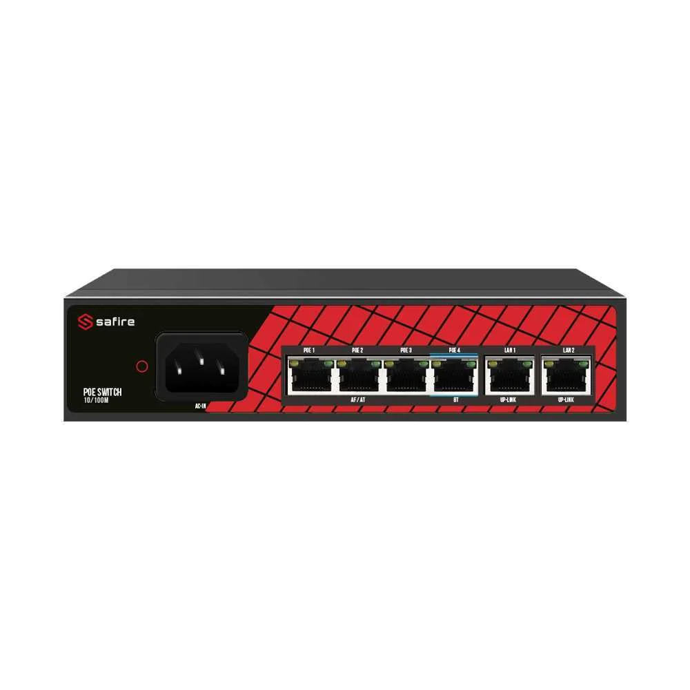 Safire Switch Hi-Poe - 4 Portas Poe + 2 Uplink Rj45 - Velocidade da Porta 10/100mbps - 3poe+ Portas 