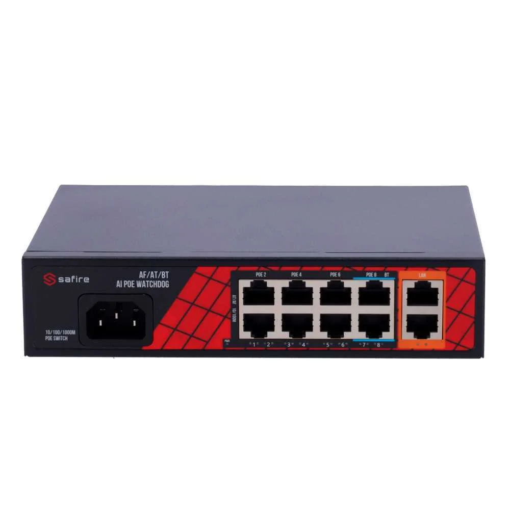 Safire Switch Hi-Poe - 8 Portas Poe + 2 Uplink Rj45 - H&iacute;brido 8x10/100mbps + 2x10/100/1000mbps - 6 P