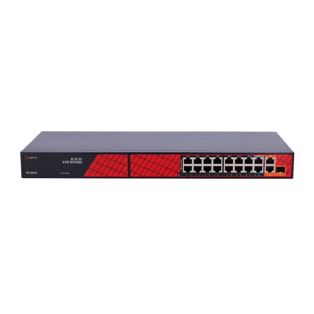 Safire Switch Hi-Poe - 16 Portas Poe + 2 Uplink Rj45 + 2 Uplink Sfp - H&iacute;brido 15x10/100mbps + 4x10/1