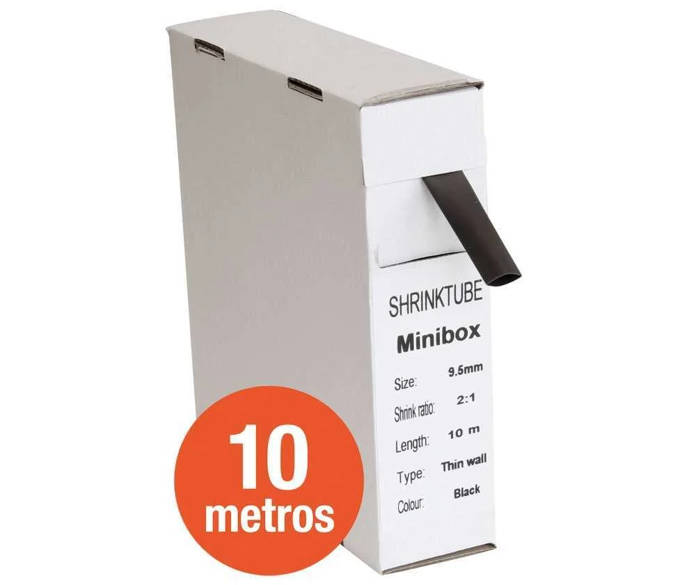 Tubo Termo-Retr&aacute;til Preto 9,5mm em Caixa de 10m