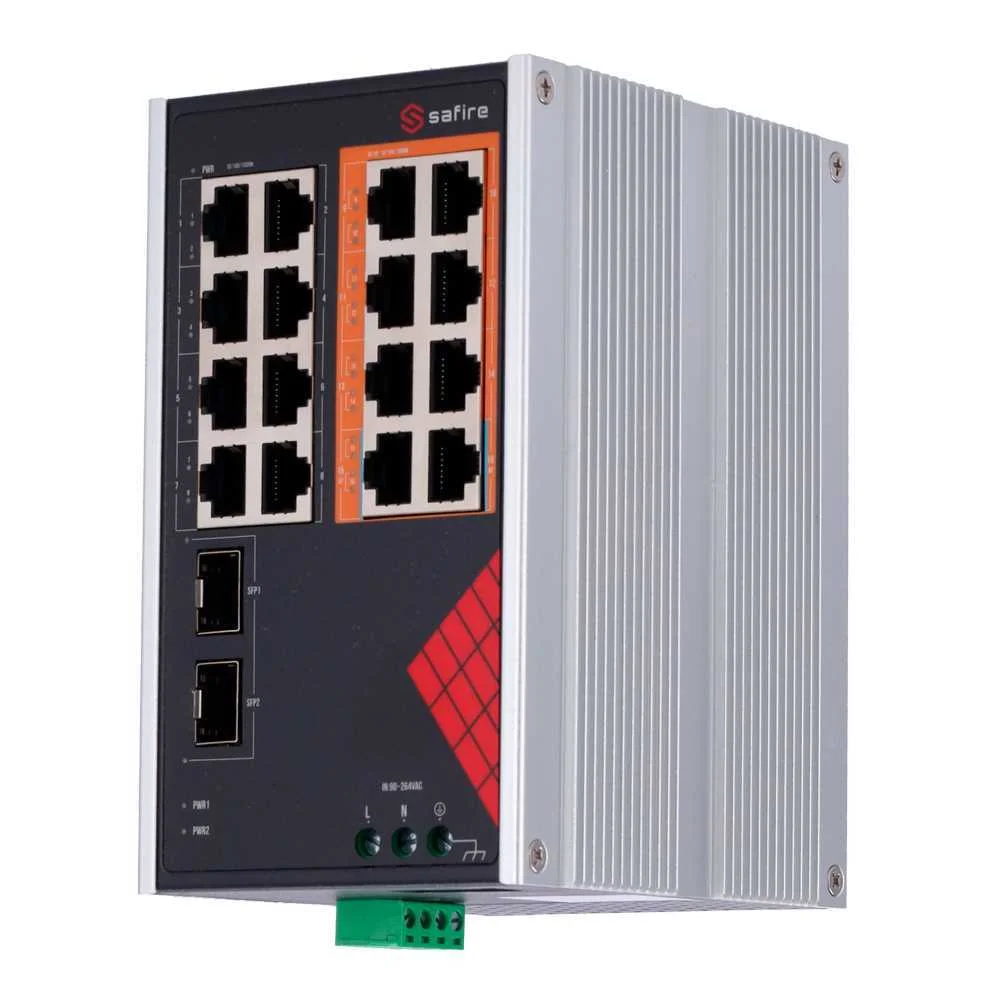 Switch Safire Alimenta&ccedil;&atilde;o Industrial Ac e Dc - 16 Portas Gigabit + 2 Sfps Gigabit - 6 Portas Poe+ 30