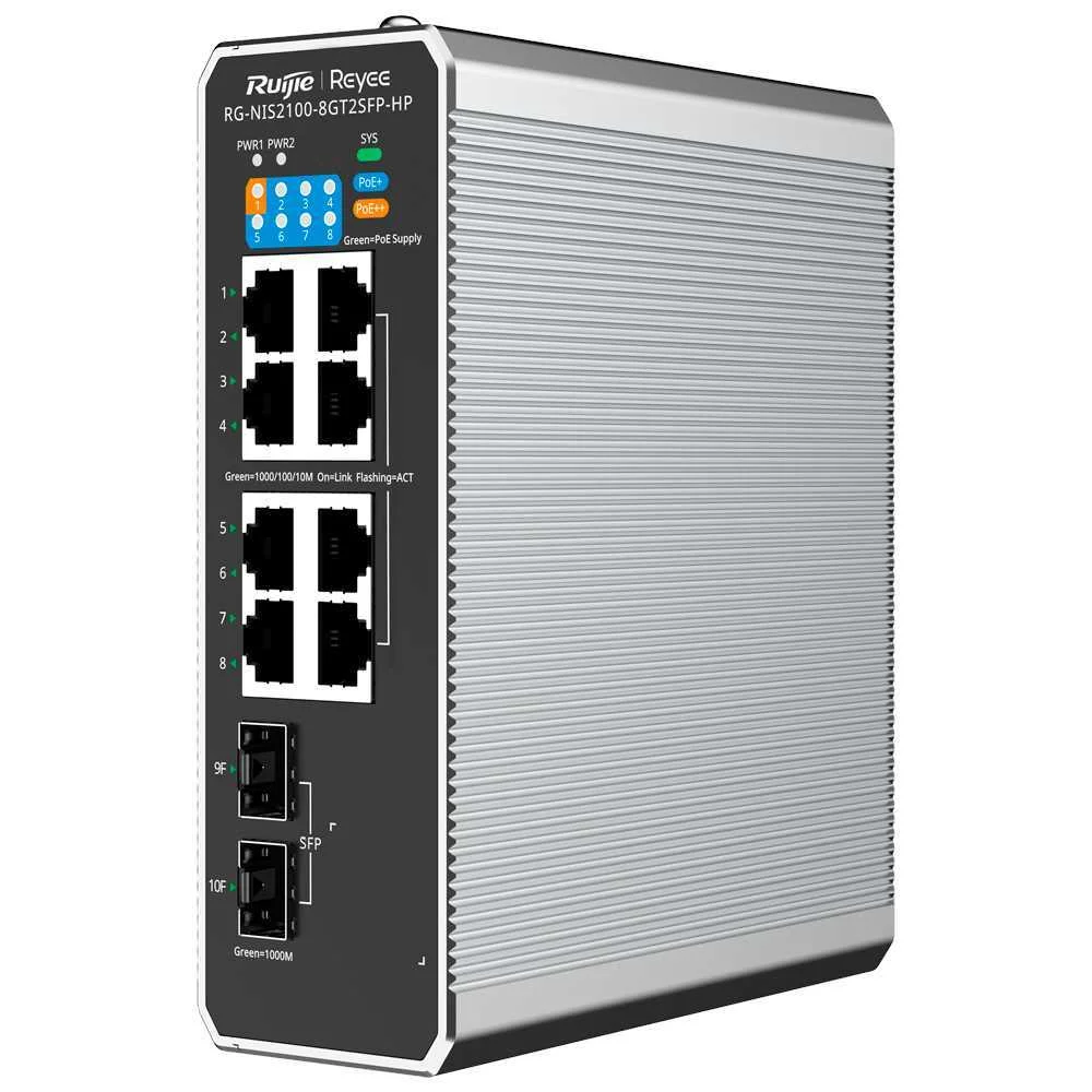 Reyee Switch Industrial Poe Cloud Capa 2 - 8 Portas Rj45+ Gigabit + 2 Portas Sfp Gigabit - 8 Portas 