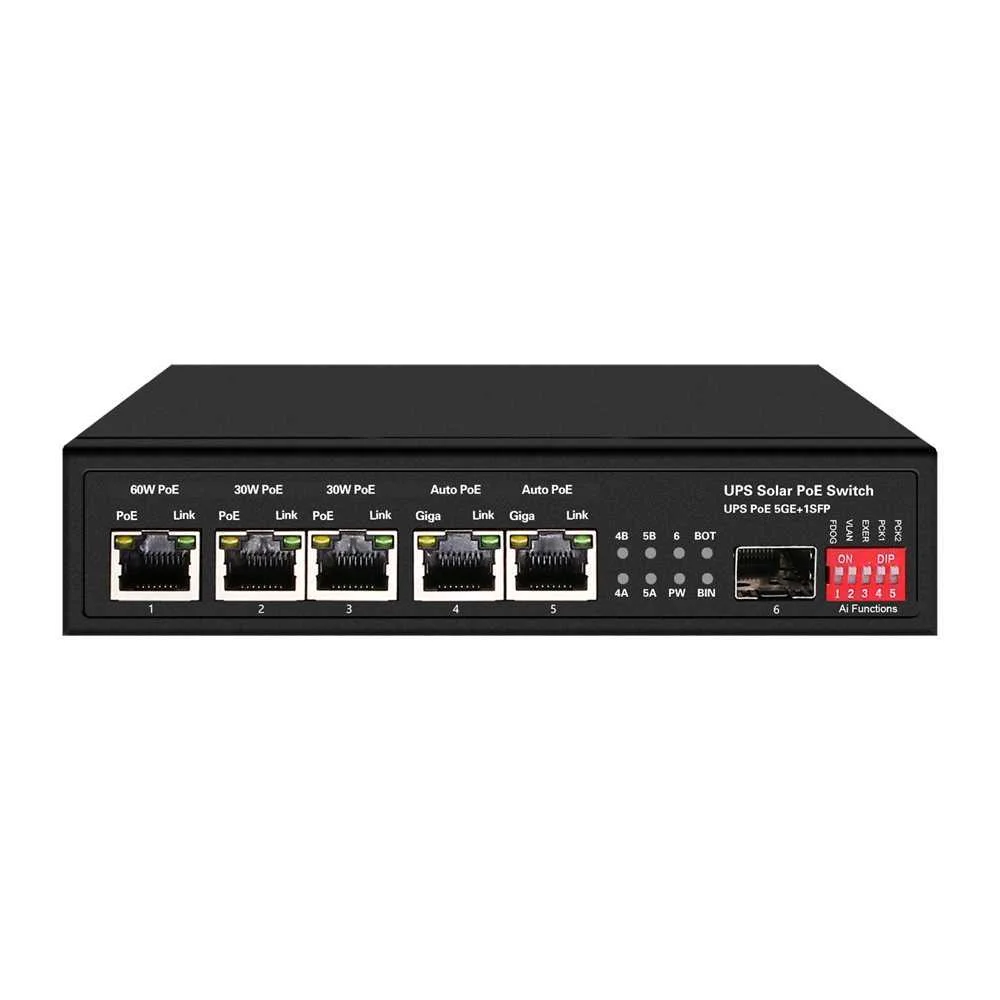 Switch Poe - 5 Portas Poe + 1 Sfp - Velocidade da Porta 10/100/1000 Mbps - 1xhi-Poe (60w) + 2xpoe+ (