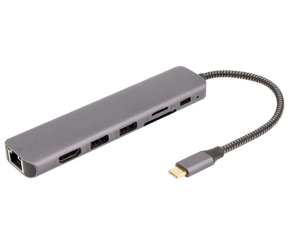 Adaptador 7 em 1 Hub Usb-C para Usb, Hdmi, Rj45 e Ta.