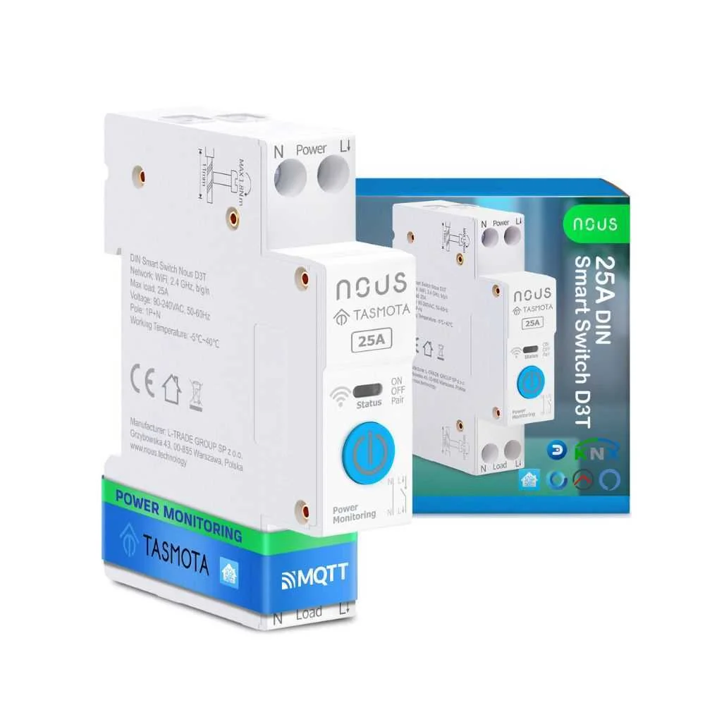 Nous D3t Din-Rail Compatible Wi-Fi Relay Module With Tasmota Firmware, Matter Compatible, 25a