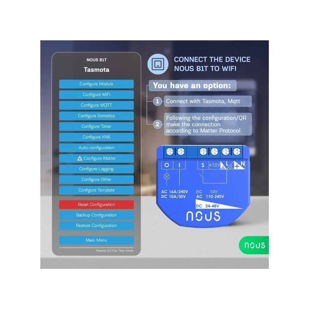 Mini M?dulo de Rel? Nous B1t Smart Wi-Fi 1-Gang (Firmware Tasmota, Compat?vel com Matter)
